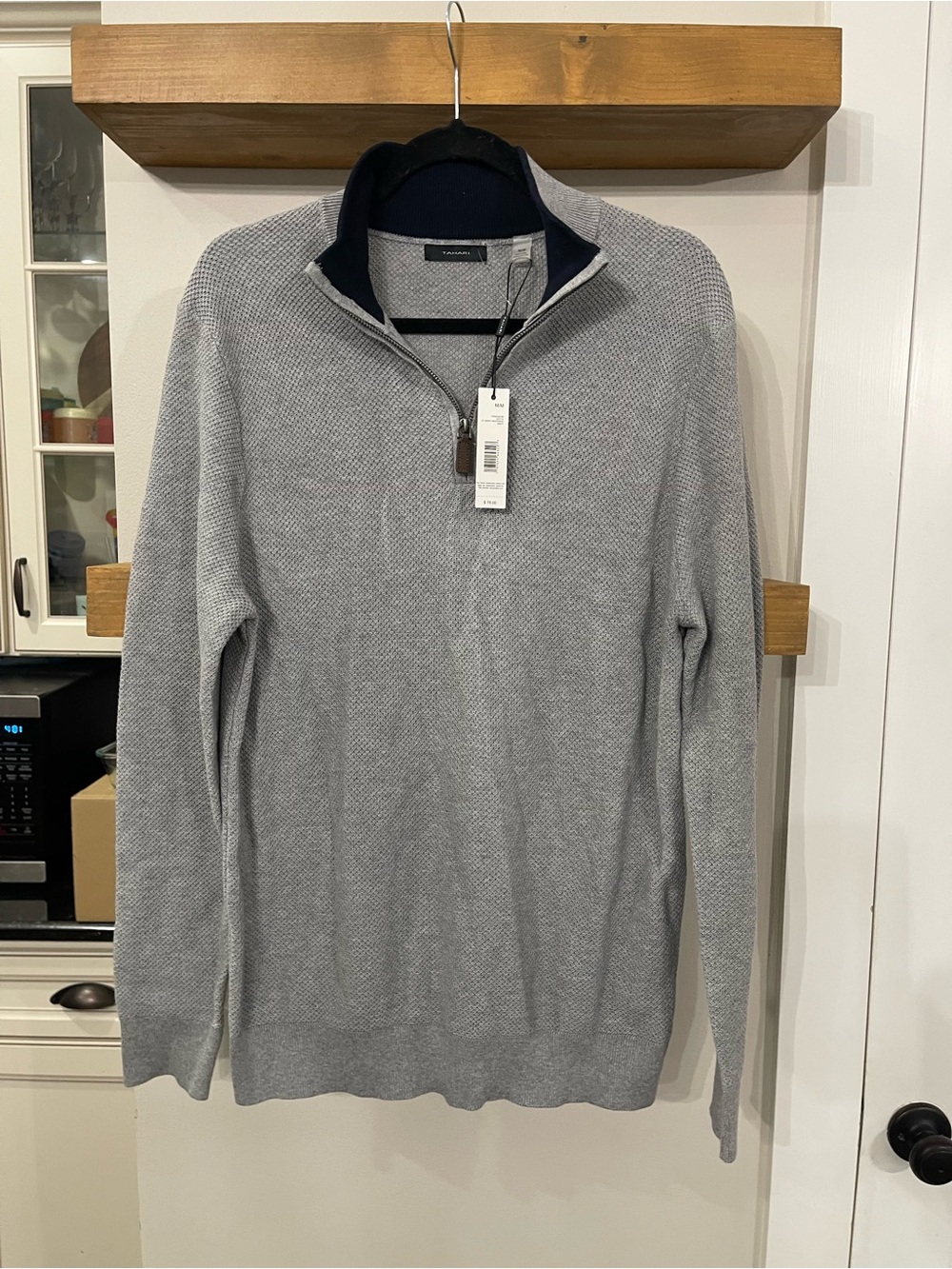 NWT Tahari Light Gray Quarter-Zip Knit Sweater with Navy Trim